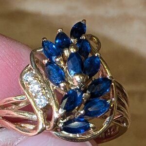 Gorgeous 14 KT Gold Blue Sapphire Waterfall Ring with Diamonds  Approx Size 7